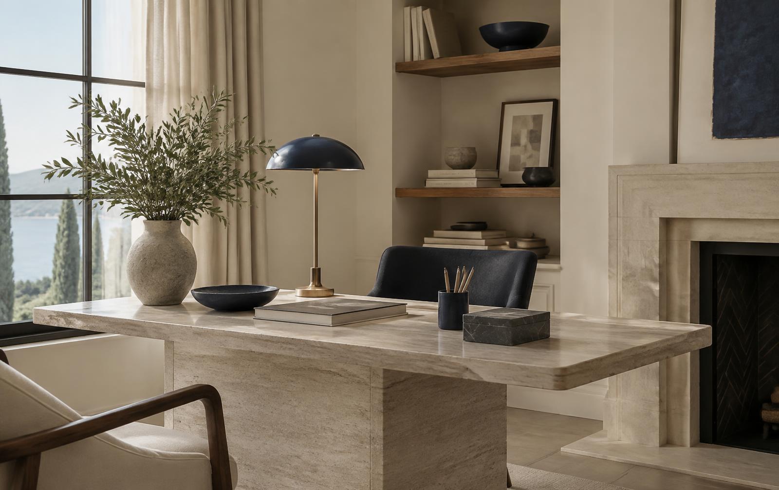 A calm, well-appointed workspace in warm light